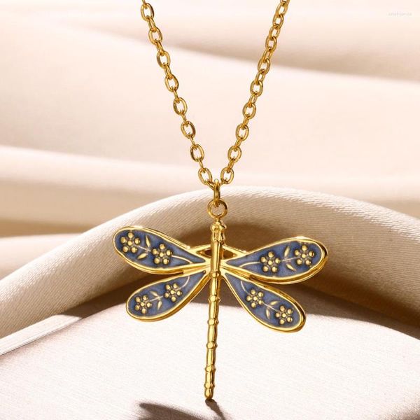 Anhänger Halsketten Gold Farbe Edelstahl Für Frauen Libelle Anhänger Halsband Mode Vintage Insekt Schmuck Zubehör Geschenk Collier