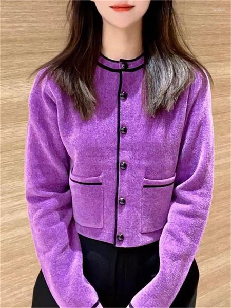 Jaquetas femininas mulheres roxo curto malha cardigan o-pescoço casaco 2023 outono inverno senhoras single-breasted outwear tops