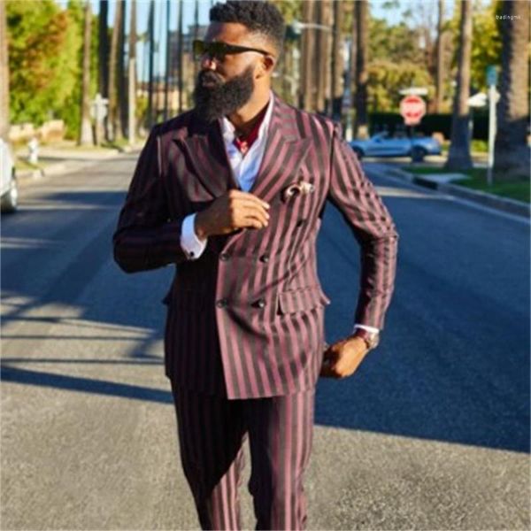 Abiti da uomo Smoking da uomo completo a righe bordeaux su misura per uomo 3 pezzi Slim Groom Wear Blazer da ballo formale (giacca pantaloni)