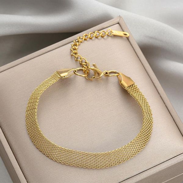 Braccialetti a maglie Tessuto classico Web per donna Trend Bracciale in acciaio inossidabile placcato oro con geometria a catena larga Gioielli da regalo per donna alla moda