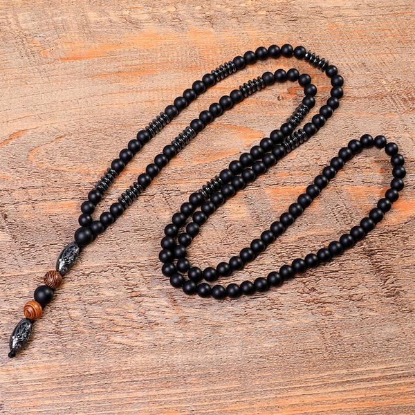 Collana con perline intagliate in ematite nera naturale Ciondolo con perline di rosario in legno di pietra lavica nera di Buddha210f