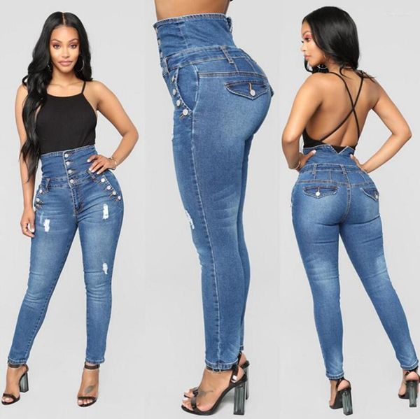 Kadın Kotları 2023 Ladies İnce Kadın Moda Deliği Denim Yüksek Bel Düğmeleri Femme Pant Elastik Sıska Pencil Pantolon