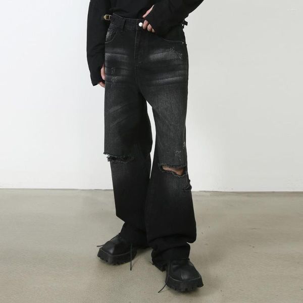 Мужские джинсы High Street в стиле хип-хоп с рваными отверстиями, винтажные свободные повседневные широкие джинсовые мешковатые брюки, мужская уличная одежда, черные рваные