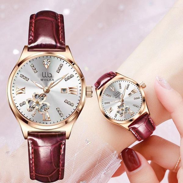 Armbanduhren Rote Mode Damen Quarzuhr Premium Wasserdicht Einfaches Lederarmband Kalender Armbanduhr Drop