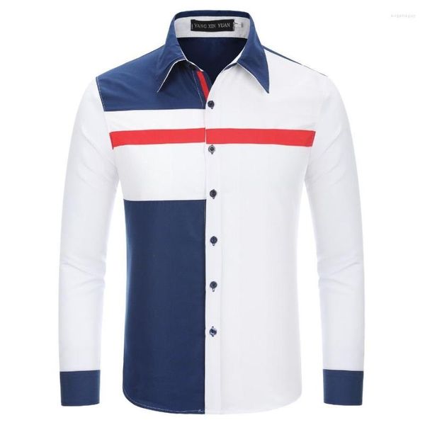 Camicie eleganti da uomo Camicia patchwork di colore bianco blu rosso da uomo lavoro primavera autunno uomo tempo libero bavero manica lunga cotone casual top