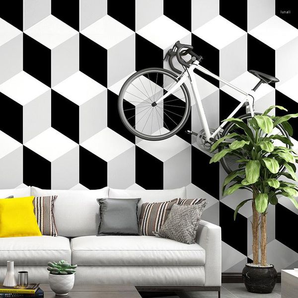 Wallpapers moderno treliça tridimensional papel de parede preto branco cinza geométrico casa sala de estar sofá fundo adesivo de parede