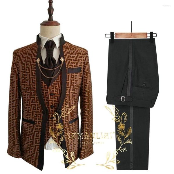 Ternos masculinos 2023 mais recente design marrom xadrez homens casamento blazer define smoking para negócios baile de formatura terno traje jaqueta colete calça