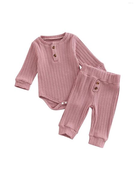 Pagliaccetti Neonata Ragazzo A coste Lavorato a maglia Solido Manica lunga Girocollo Pagliaccetto Top Pantaloni elastici in vita Set di abbigliamento per Born