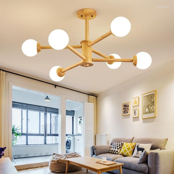 Lampadario in cristallo nordico in legno LED lampada a sospensione a soffitto con sfera di vetro in vetro per soggiorno, sala da pranzo, cucina, apparecchi E27