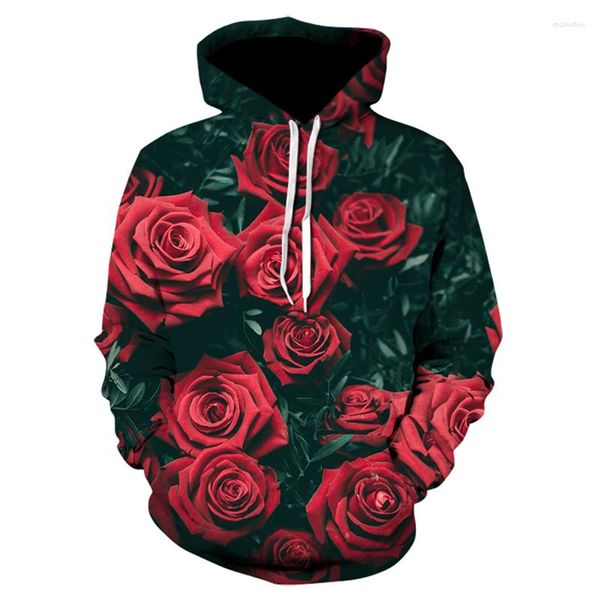 Erkek Hoodies 2023 Kırmızı Gül 3D Hoodie Bahar ve Sonbahar Uzun Kollu Cep Üst Kazak Erkekler Kadın Günlük Moda Kapüşonlu Sweatshirt