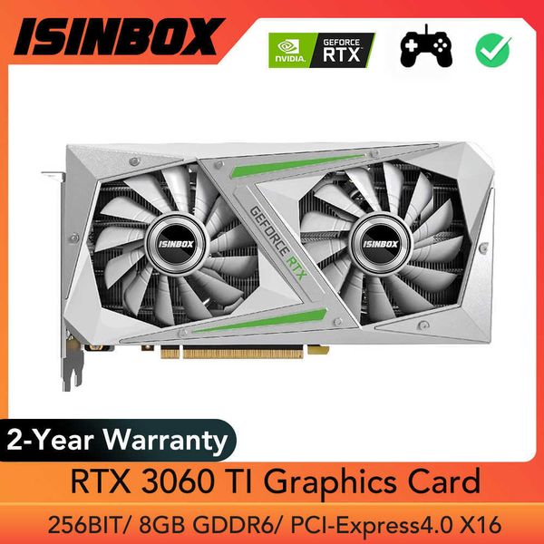 ISINBOX RTX 3060 Ti Cartão de vídeo 8GB 256bit GDDR6 Cartão de vídeo para NVIDIA GeForce RTX 3060TI PCI-E4.0 X16 3 DP HD PC GPU GPU