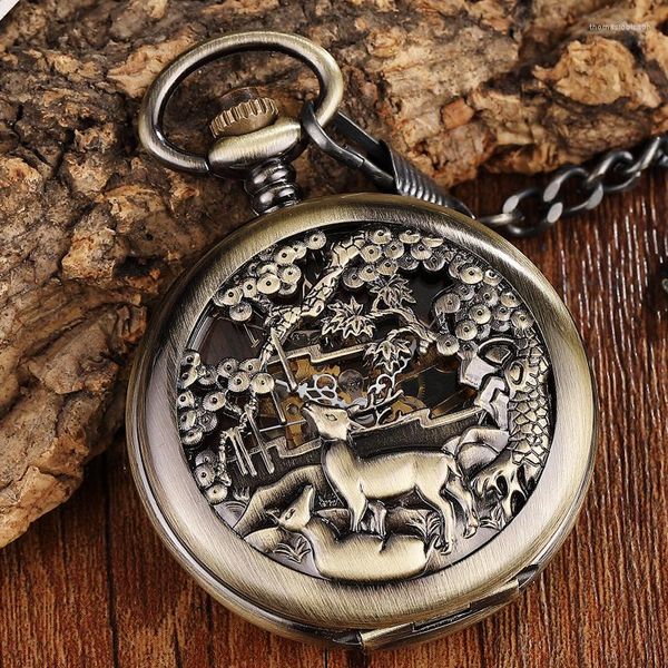 Pocket Watches exclusivo Bronze Deer Flowers Case Mechanical Watch Men Retro Big Dial Wind Hand com FOB Chain Relloj de Bolsillo