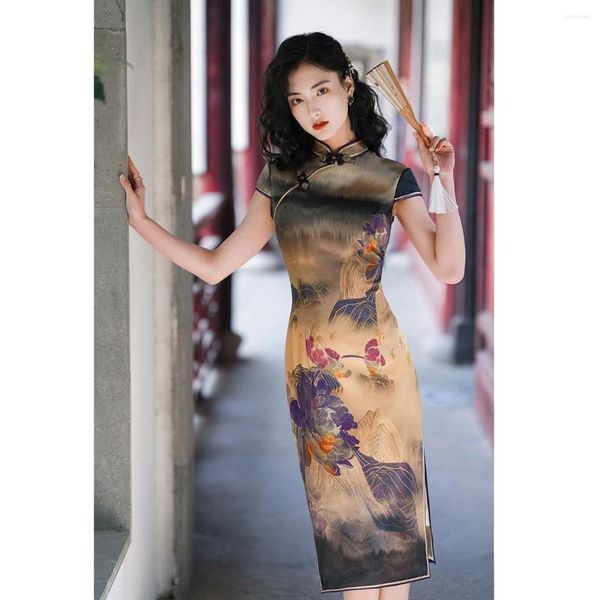 Abbigliamento etnico 2023 Estate elegante seta di gelso pittura a inchiostro Cheongsam cinese tradizionale di buona qualità abito di gala Qipao di lusso Plus Size