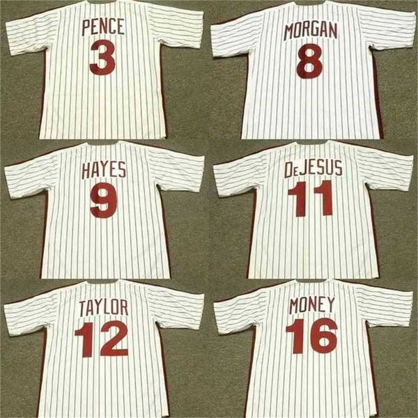 qqq8 C202 Uomo 3 HUNTER PENCE 8 JOE MORGAN 9 VON HAYES 11 IVAN DeJESUS 12 TONY TAYLOR 16 DON MONEY 1983 Maglia da baseball