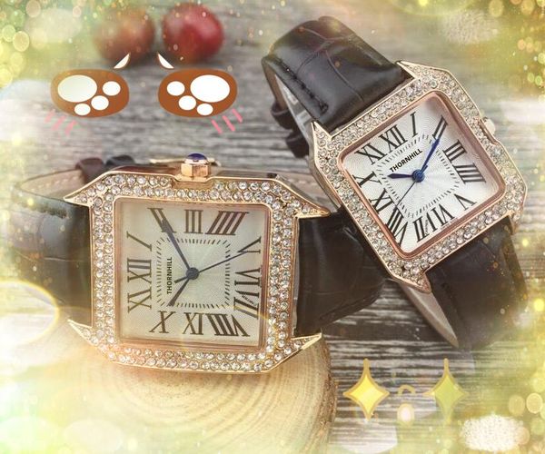 Modelo superior Moda Dama Relojes Mujer Hombre Casual Cuadrado Anillo de diamantes romanos Caja de plata de oro rosa Cinturón de cuero genuino Reloj de lujo de cuarzo para mujer Regalos