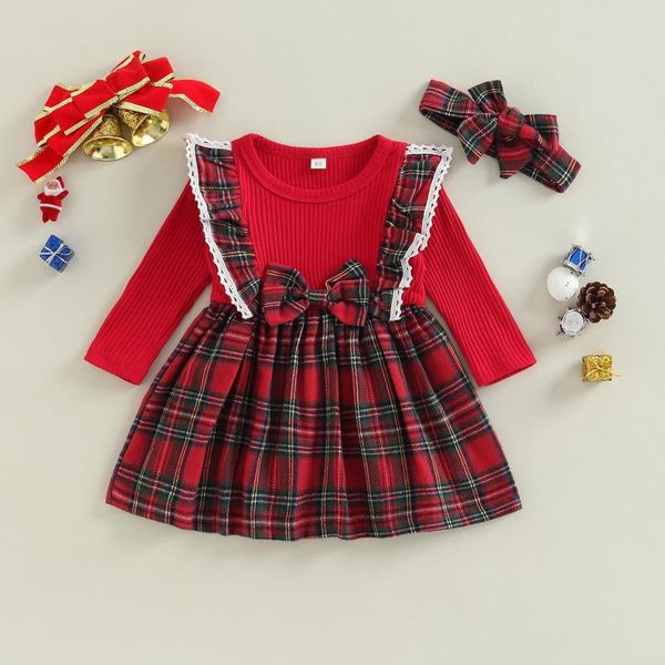 Mädchen Kleider Baby 2 Stücke Weihnachten Kleid Outfits Langarm Plaid Print Rüschen Schleife Stirnband Set