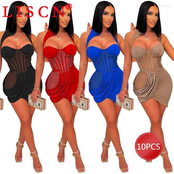 Casual Kleider 10 stücke Y2k Kleid Bodycon Sexy Für Frauen Mode Halter Solide Ärmellose Mesh Durchsichtig Großhandel Artikel K9934