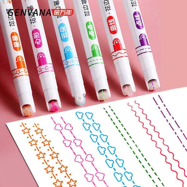 6pcs Rolo de renda Highlighter Curva/Wave/Clouds/Art Marker Pen Hand Conta Pintura C￳pia do jornal Esbo￧o de fronteira