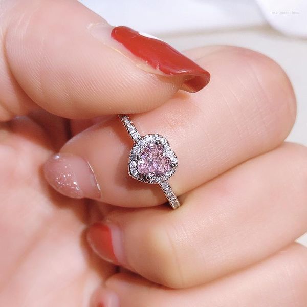 Eheringe UILZ Silber Farbe Nette Ring Finger Rosa CZ Herz Luxus Qualität Schmuck Zubehör Engagement Für Frauen