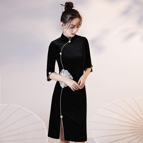 Roupas étnicas Cheongsam Chinese Tradicional Vestido Mulheres Vintage Vestidos de Manga Média Média Criação de Roupas de Roupas da Marinha Noite Traje de Casamento