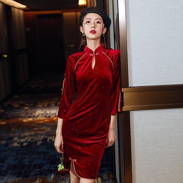 Этническая одежда сексуальное китайское платье Qipao Velvet Cheongsam Qi Pao Red vestidos Robe Vintage Femme 3/4 рукав Shanghai Oriental 10296