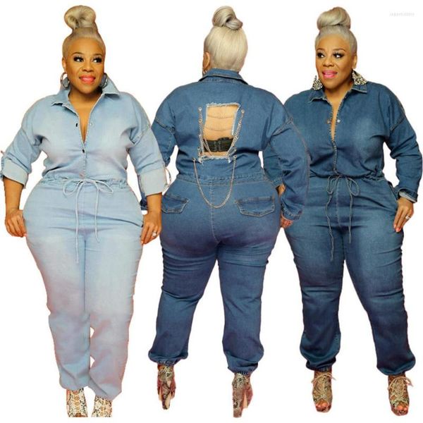 Hosen Plus Size Stück Outfit Jumpsuits Jeans Frau Reine Farbe One Chole Chain Collect Taille Rückenfrei Knöpfe Langarm Drop