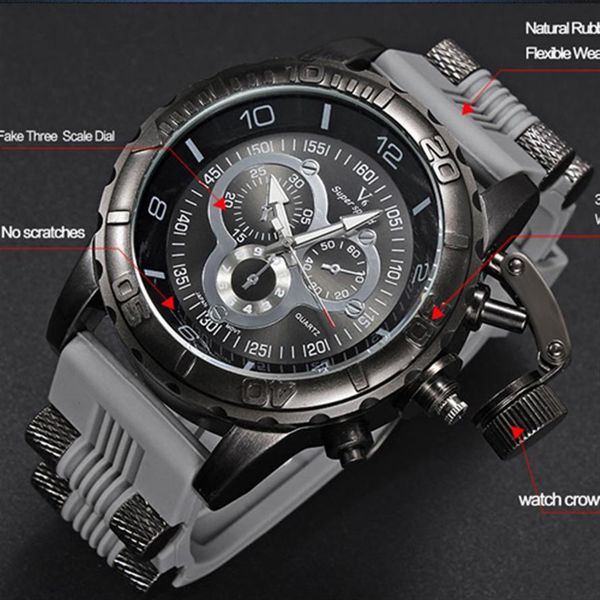 Homens assistem 2018 Novo V6 Super Speed ​​silicone Quartz 3D Surface Hora Masculino Analógico Militar Big Dial Sport Man Watch3352