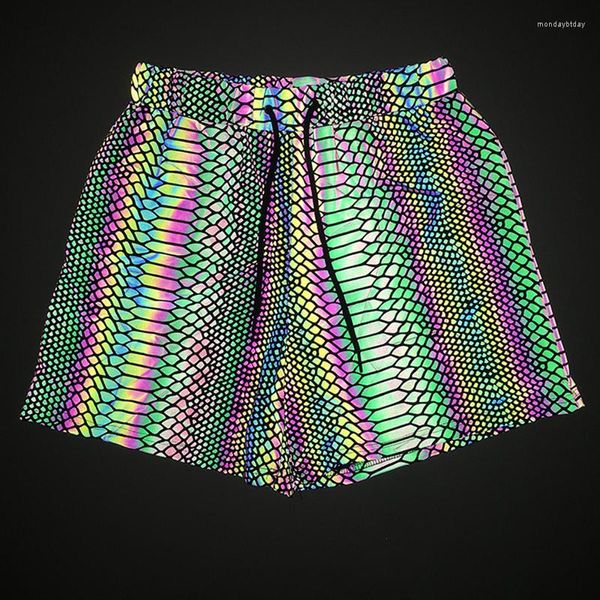 Shorts masculinos Padrão refletivo de pele de cobra para homens noite esportes coloridos jogging moda moda hip hop fluorescent pantalones cortos