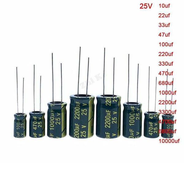 Condensatore elettrolitico in alluminio da 25 V da 10 a 10000 uf ad alta frequenza 10 uf 22 uf 33 uf 47 uf 100 uf 220 uf 680 uf 2200 uf 3300 uf 4700 uf 6800 uf