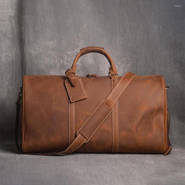 Duffel Bags Saco de Viagem Men do Vintage Mensageiro de ombro único de couro Geunine de grande capacidade para laptop de 15 polegadas com sapato