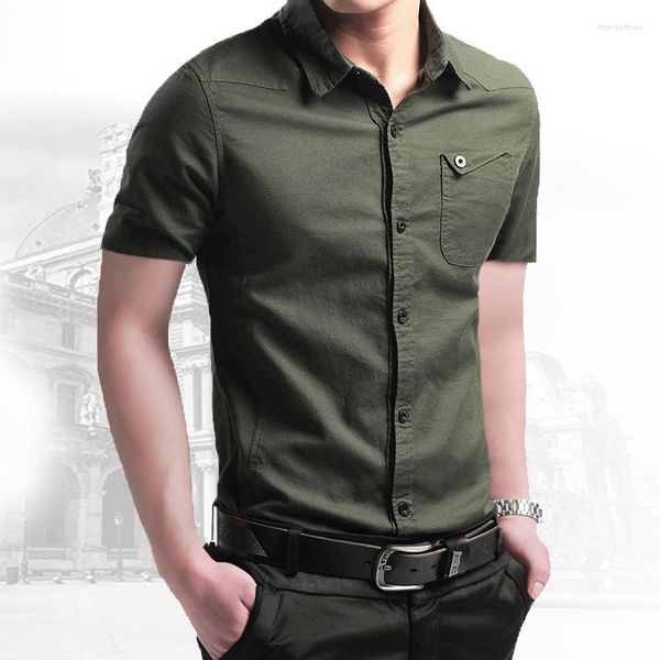 Camicie casual da uomo Camicia militare Manica corta da uomo Cotone traspirante Tasca retrò Vintage Slim Fit Abbigliamento verde Drop