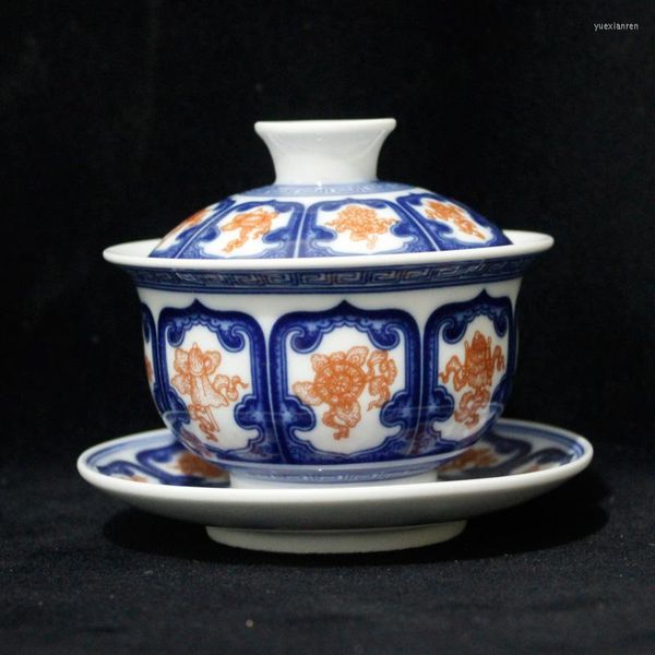 Xícaras pires jingdezhen porcelana pintada à mão azul e branco subavallo vermelho tigela coberta de chá de xícara de xícara