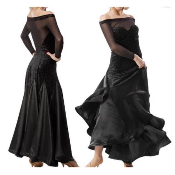 Сценевая ношение взрослые дамы танцевальные платья танцевальная одежда черная красная 3 Colors конкурс Waltz Tango Ballroom Современные платья с длинным рукавом