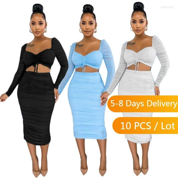 Vestidos de trabalho itens por atacado Autumn Ruched Duas peças Conjunto de retalhos de malha de retalhos de colheita de retalhos e midi saia clube de bodycon roupas de aniversário de bodycon