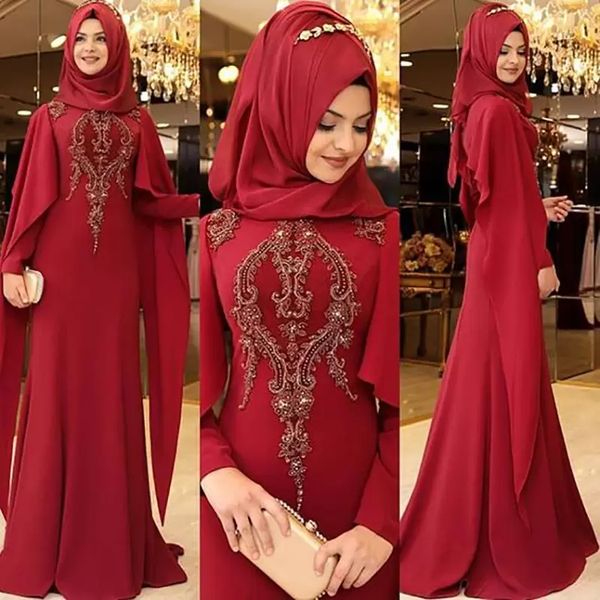 Abiti da sera convenzionali musulmani hijab modesti Cristalli ricamati rosso scuro con perline Collo alto Mantello maniche lunghe Arabo Medio Oriente Donne islamiche Abiti da festa di promenade