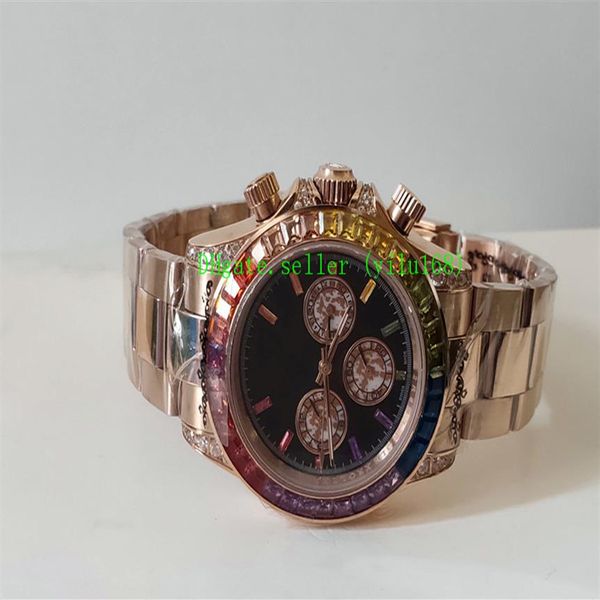 2019 Style men Orologi 40mm 116595 RBOW Rainbow No Cronografo 116595 Diamond Bezel Quadrante nero Cinturino in oro rosa Meccanico Automat293g