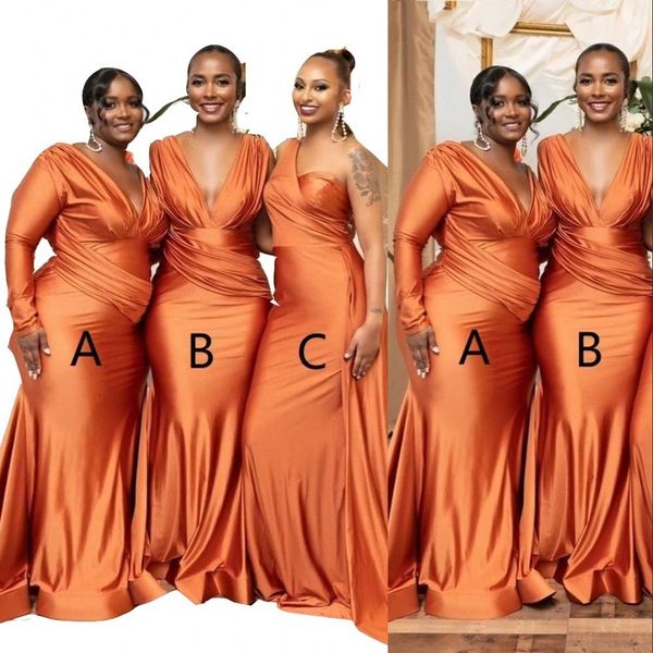 2023 Bridesmaid Dresses Mermaid African Orange Plus Size Nigeria Girls Summer Wedding Guest Dress Sexy V neck Long Maid of Honor Gowns Sweep Train