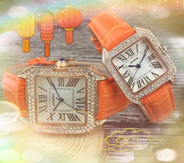 Super mens de mulheres amantes relógios de quartzo relógio de relógio de couro diamantes de cinto de couro quadrado Dial romano três pinos Rose Gold Silverwatch OROLOGIO DI LUSSO