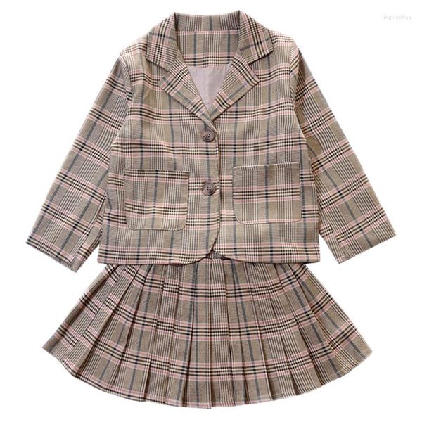 Kleidungssets Mädchen Plaid Anzug Frühling Schule Kinder Kleidung Langarm Blazer Faltenrock Zweiteilige Kinder Hosen Mädchen Outfits 10 12 Jahre