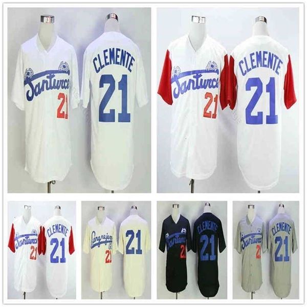 QQQ8 C202 Roberto Clemente #21 Santurce Crabber Puerto Rico College Maglie da baseball Maglie da baseball Cucite Shirt da baseball Crema Grigio Bianco Nero