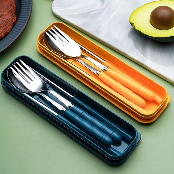 Set di stoviglie Kit di bacchette forchetta cucchiaio in acciaio inossidabile da 3 pezzi con scatola di immagazzinaggio Accessori da cucina riutilizzabili portatili per pranzo all'aperto