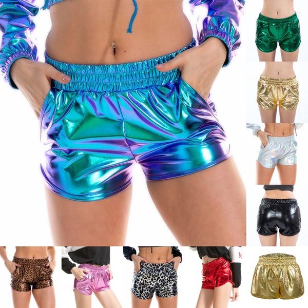 Damen-Shorts, glänzend, metallisch, Damenhose, Leopardenmuster, Boxershorts, PU, für Nacht, Party, Club, sexy, locker, mit Taschen