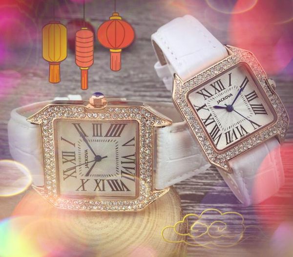 Casal Mulheres homens relógios de tempo Relógios Auto Data quadrada Diamantes romanos Tingem três pinos Designer Relógio Genuíno cinto de couro Japão Quartz Movimento Presentes de relógio de pulso