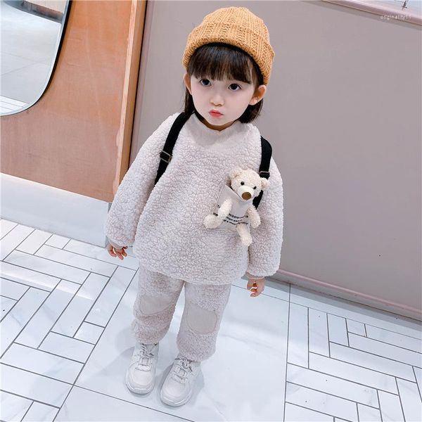 Set di abbigliamento 2-6 anni Inverno Ragazze Ragazzi Simpatico cartone animato Orso Vestito Bambino Bambini Bambini Set in pile caldo spesso 2 pezzi