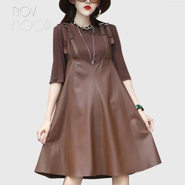 Повседневные платья Novmoop Designer Double Strip Подличная кожаная женская платье Sweet Style Root En Cuir Lt3458