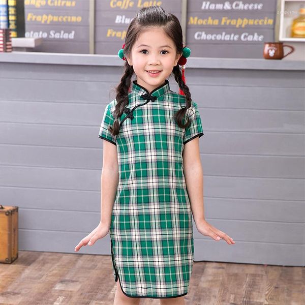 Abbigliamento etnico Plaid Neonate Abito cinese Manica corta Qipao Party Cheongsam Anno Abiti estivi in cotone