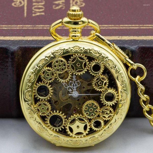 Taschenuhren Vintage Handaufzug Mechanische Uhr mit Kette Mode Hohl Steampunk Männer PJX1325