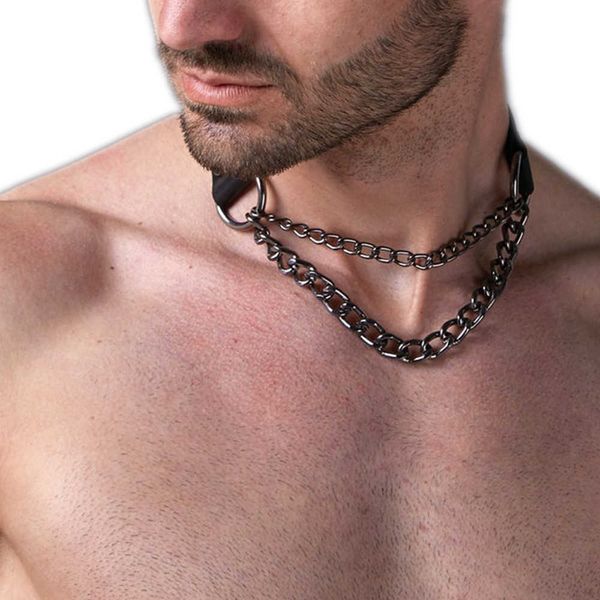 Imbracatura da uomo Collare a catena Cuoio fatto a mano in stile punk Collana al collo Bondage Fetish Gay Lothing Accessori regolabili 2022