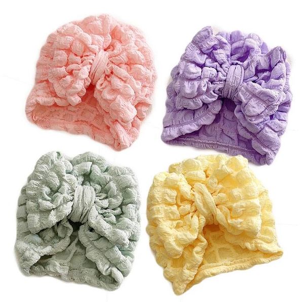 Kabarcık Baskı Beanie Bebek kızlar büyük bowknot Türban şapka çocuklar Hint kapağı pamuklu Beanies bebek patlamış mısır şapkaları yeni doğan şapkalar