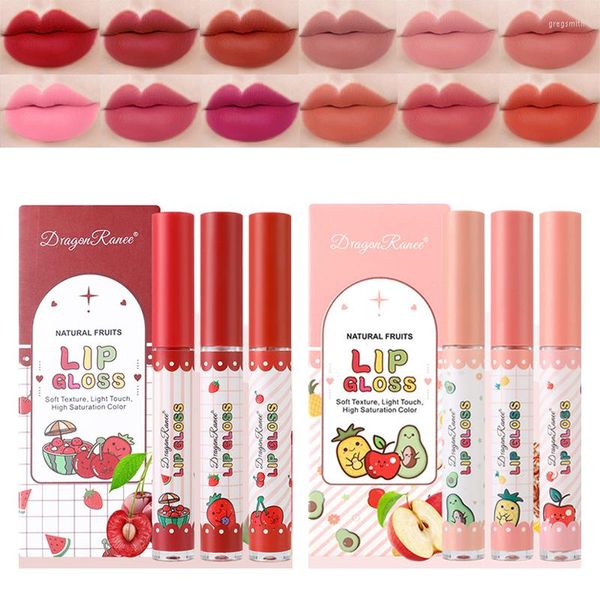 Lipgloss 3 Farben/Set Fruit Matte Set Natürliche Feuchtigkeit spenden Wasserdicht Dauerhaft Samt Sexy Rot Flüssiger Lippenstift Kit Beauty Cosmetic